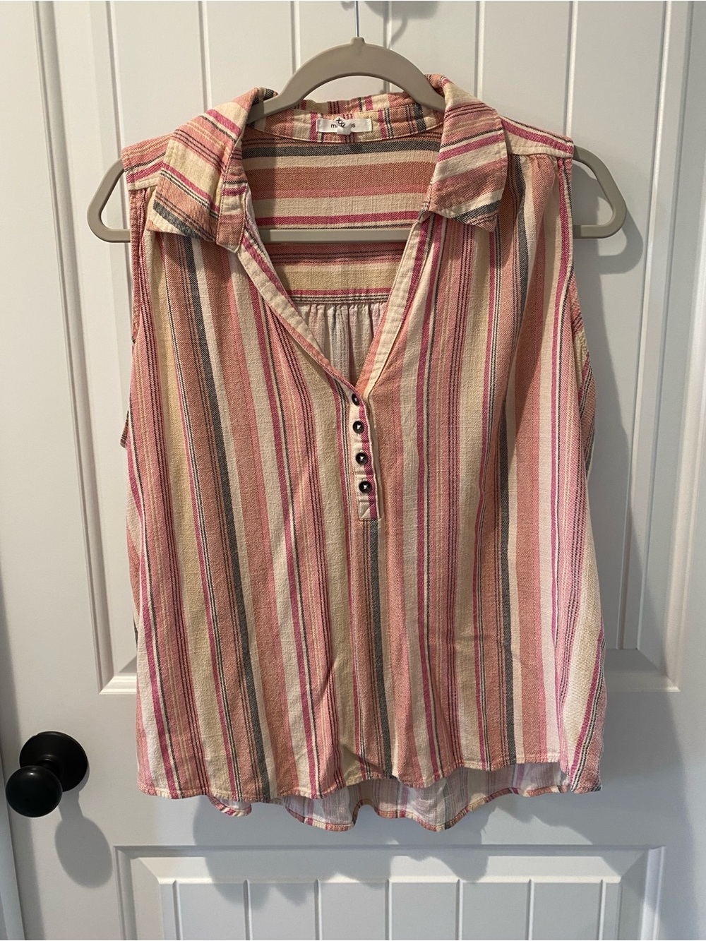 Maurices Pink, Cream & Tan Striped Sleeveless Button Tank